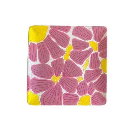 Hand painted Trinket vanity  tray abstract pink yellow floral one of a kind - Picture 1 of 7